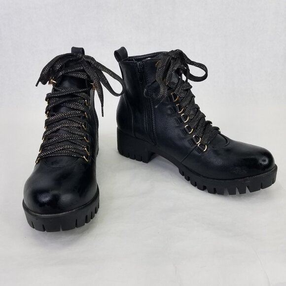 Chase + Chloe Storm Combat Boots Women 9 Black Block Heel Lug Sole Glitter Laces - Picture 1 of 15
